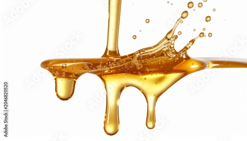 Golden liquid splashing and dripping downwards in a studio