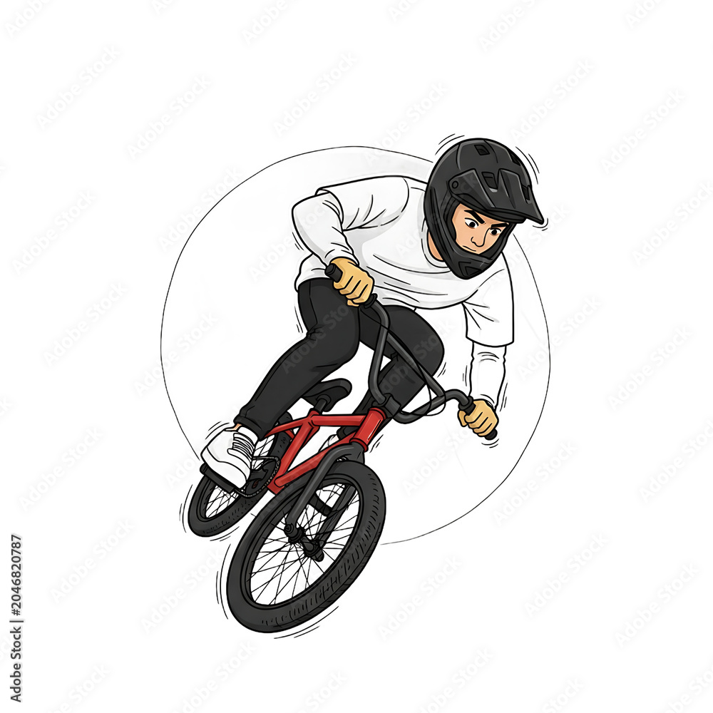 Naklejka premium Illustration Of A Young Cyclist Performing A Bmx Stunt Wearing A Helmet Against White Background