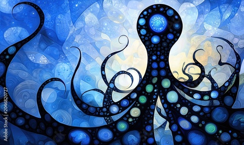 Abstract Blue Octopus Digital Painting with Mosaic Texture