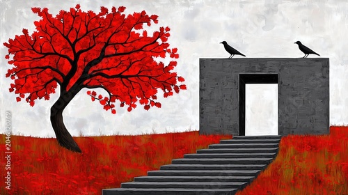 Abstract Red Tree and Grey Gateway Painting