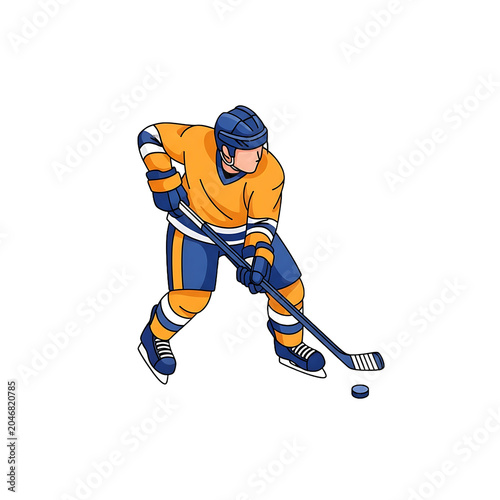 Isometric Pixel Art Hockey Player In Orange And Blue Uniform On A Solid White Background