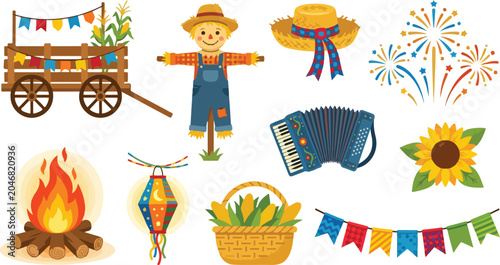 Traditional brazilian june festival celebration icons and elements