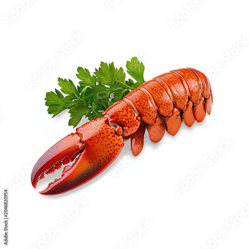 Closeup Cooked Lobster Tail and Claw with Parsley Garnish on White Background
