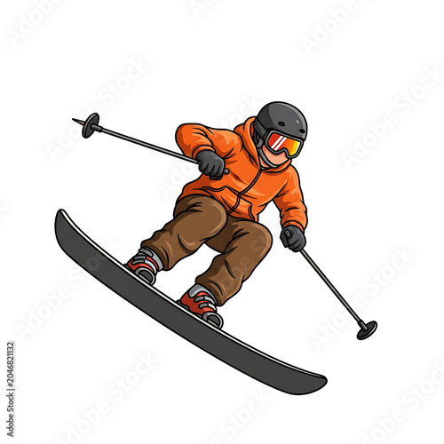 Pixel Art Illustration Of A Skier Jumping With Orange Jacket And Brown Pants On Transparent Background