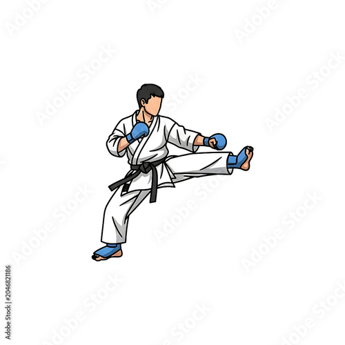 Pixel Art Karate Fighter Performing A Powerful High Side Kick In A Traditional White Uniform