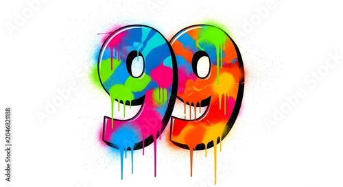 Colorful graffiti style number 99 with paint drips on white background