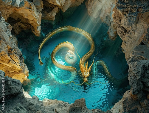 A stunning oriental fantasy scene viewed from a karst cave's top opening, where a majestic golden Chinese dragon coils in clear turquoise karst cave water, warm golden scales glowing under
