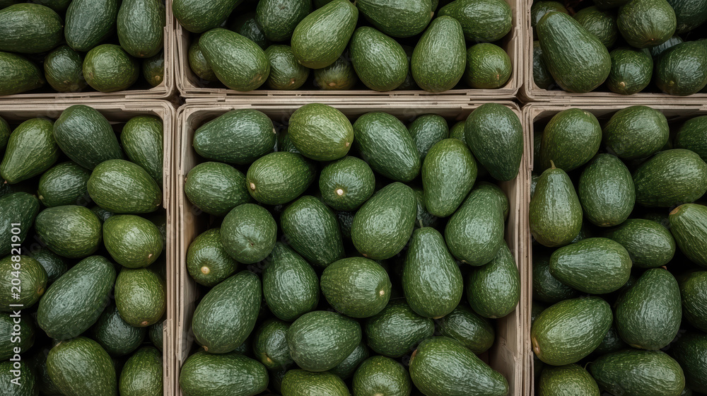Obraz premium Fresh green avocados neatly arranged in wooden crates evoking fresh market abundance and calm