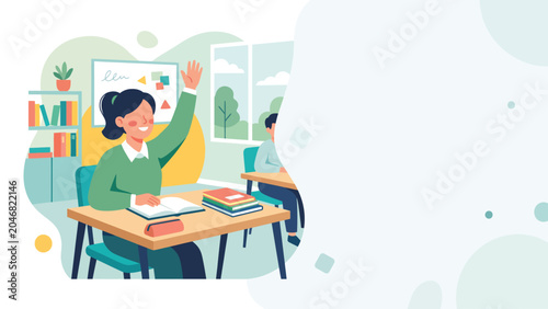 Quadro su tela Happy student raising hand in colorful classroom illustration.