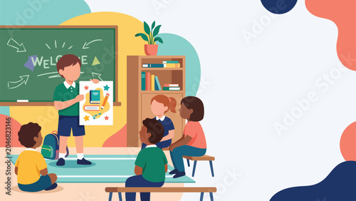Foto Elementary classroom teacher presenting a lesson to attentive young students