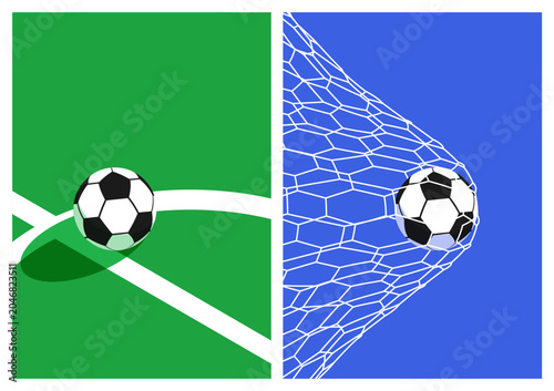 Set of soccer football match concept on green field stadium and strike goal net minimal style. Design element suitable for sport theme, championship, tournament