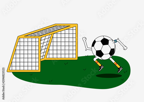 Funny cartoon of an anthropomorphic soccer ball character running toward to score  a goal on green field. Design element suitable for sport and football theme