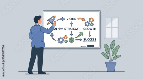 Foto Visionary Business Leader Drawing Strategic Roadmap on Whiteboard