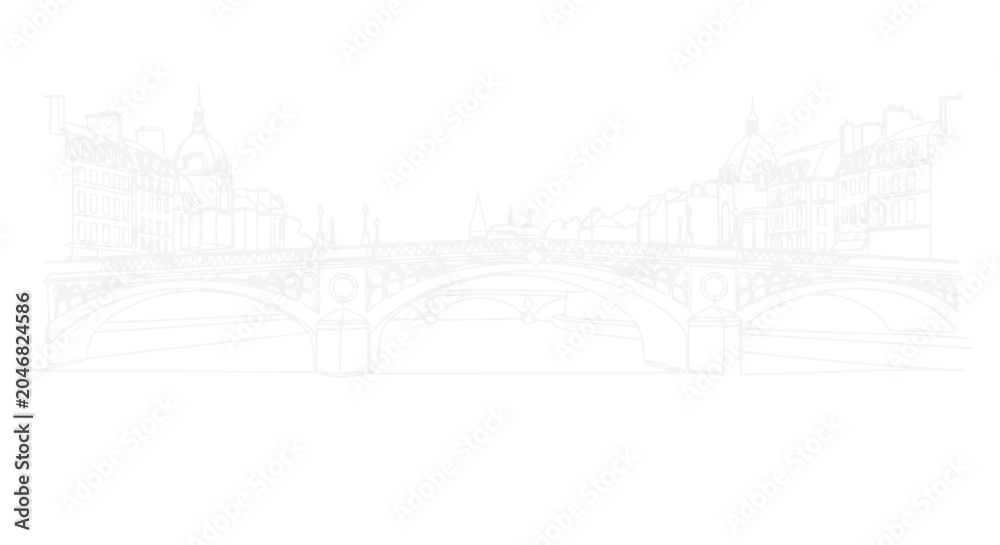 Fototapeta premium Elegant Arch Bridge Outline Drawing Over River, Cityscape Architecture Sketch