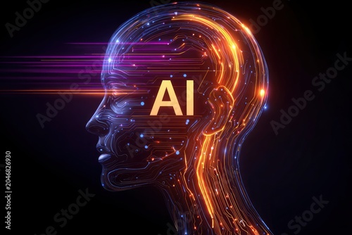 Artificial intelligence head profile glowing with cybernetic circuits and light streaks in dark space for tech innovation marketing