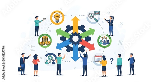 Diverse group of professionals collaborating in modern office.