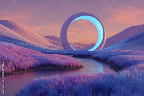 Luminous blue gate standing in a purple lavender field by a river at sunset with beautiful bokeh for futuristic technology marketing