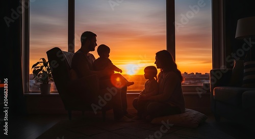 Silhouettes of people watching a sunset together.