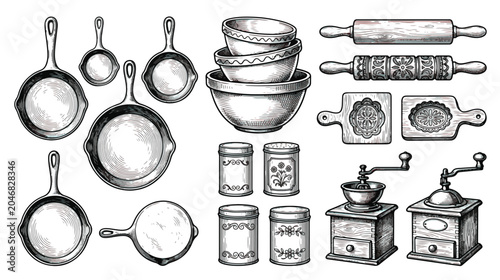 Φωτογραφία Vintage kitchenware vector set, hand drawn rustic cooking utensils and cast iron