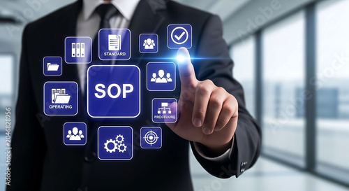 Businessman pressing SOP button on virtual screen for standard operating procedure