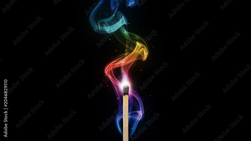 Fototapeta premium Colorful smoke, burning matchstick, vibrant rainbow fumes, black background