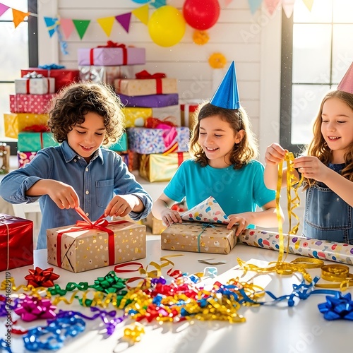 Young girls celebrating birthday with colorful decorations.