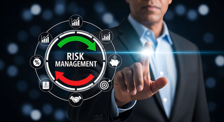 Businessman touching virtual risk management concept interface screen on dark background