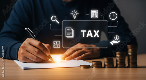 Businessman filling tax return form with coins and digital financial icons