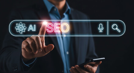 Businessman touching virtual search bar with AI SEO concept on dark background