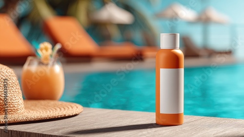 Sunscreen bottle standing on wooden deck by swimming pool with tropical bokeh in a sharp focus macro shot for summer skincare marketing