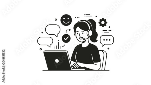 Friendly call center operator working on laptop with speech bubbles and support icons flat art