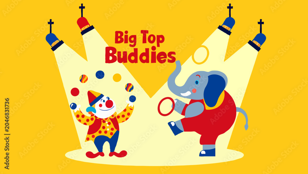 Naklejka premium A circus clown and elephant performing under spotlights in a cartoon style