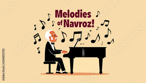 An old musician plays piano with melodies navroz festival around him