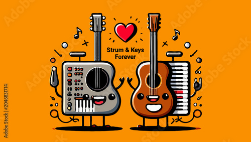 Two musical instruments with love heart and strum and keys forever text