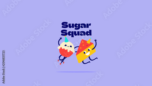 A cupcake and cake slice with sugar squad text on a light background