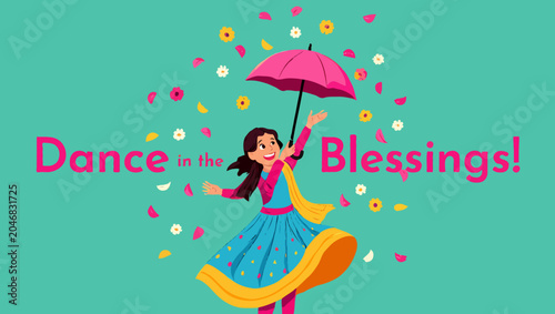 A girl dancing in the blessings with an umbrella in a colorful illustration