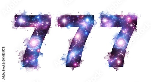 Number 777 with space galaxy nebula texture on white background