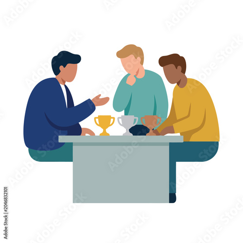 Flat vector team discussing awards at a table.