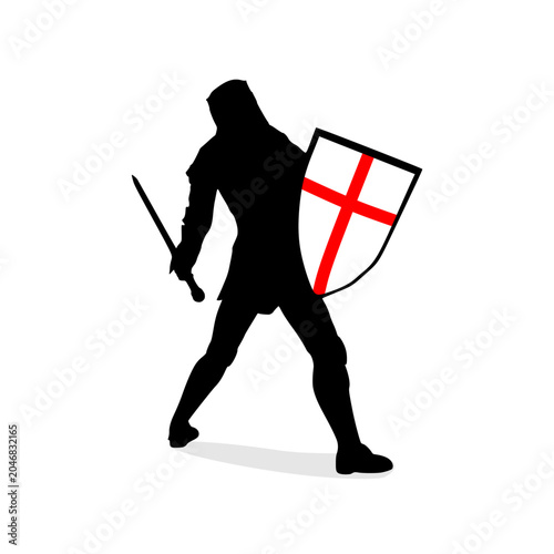 Medieval knight male warrior holding sword, shield isolated on white background. Hero wearing armor. Knight silhouette. For symbol, logo, web icon, mascot and game elements. Protection and security.