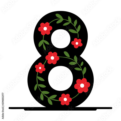 Number 8 decorated with red flowers and green leaves