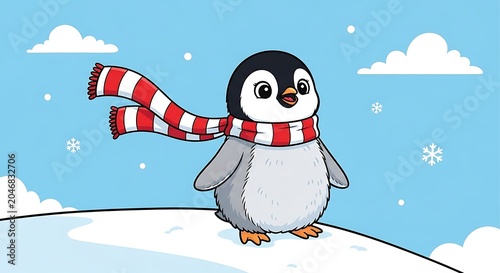 Cartoon penguin holding a red gift box on ice.