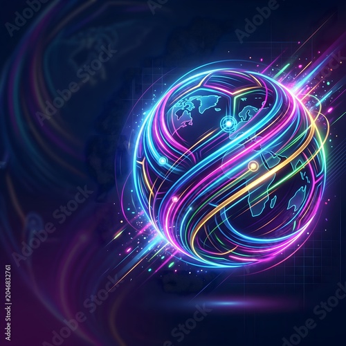 Dynamic International Football Tournament Background with Elegant Abstract Sphere and Radiant Energy Trails