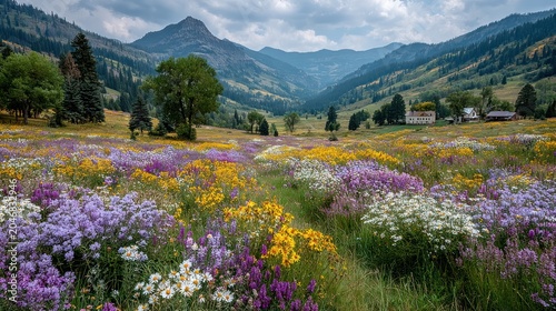 Expansive mountain valley filled with wildflowers under a cloudy sky. Small buildings present
