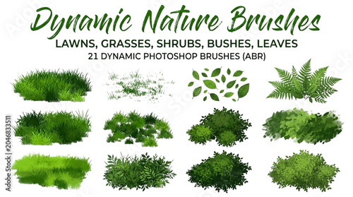 Dynamic Nature Photoshop Brushes Set for Digital Landscape Design Grass Shrubs and Leaves Foliage Elements for Graphic