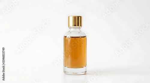 Glass jar of amber liquid with label.