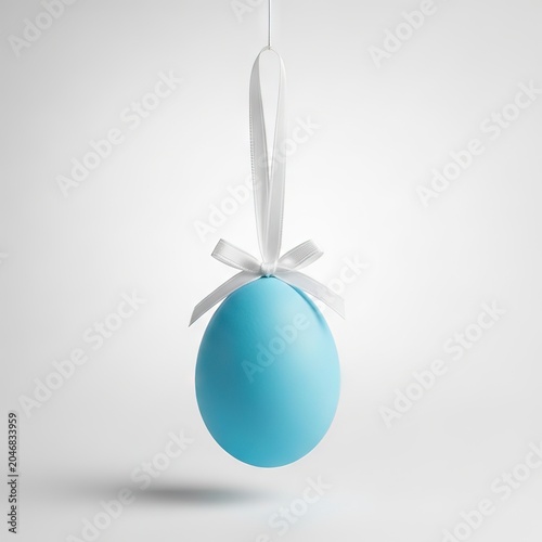 Blue Easter Egg Hanging with White Ribbon Bow on Light Background