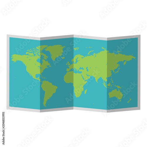 Folded world map icon for travel and geography