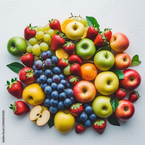 Variety of colorful fruits showcasing natural freshness and nutritional value, healthy food concept on white background