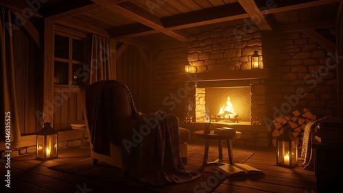 Cozy log cabin interior with warm fireplace glow.
