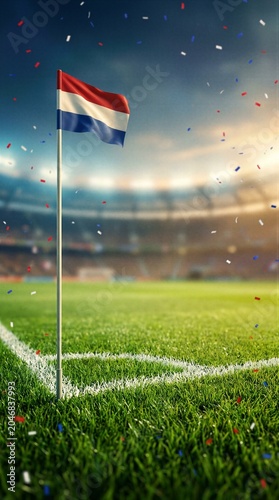 Netherlands corner flag on soccer pitch with confetti